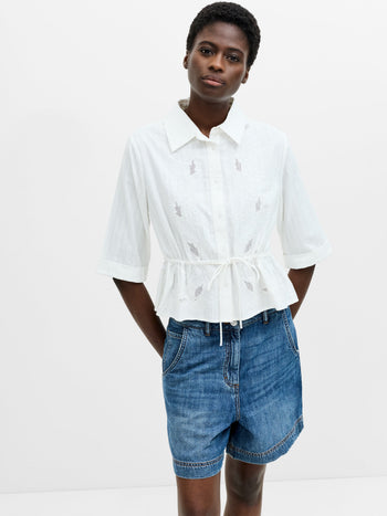 Barnet Cotton Embroidered Striped Peplum Shirt
