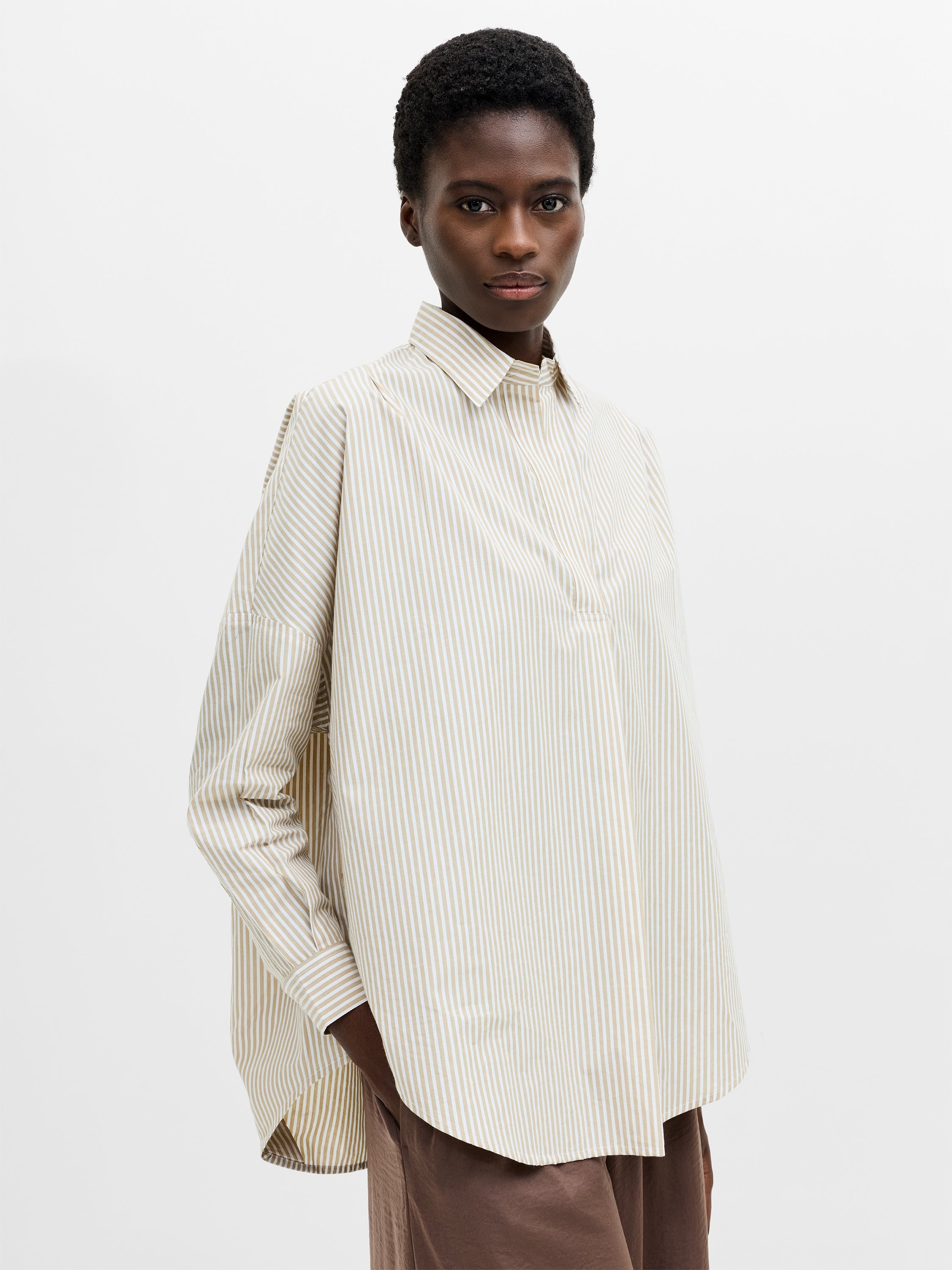 Striped Poplin Long Sleeve Popover Shirt