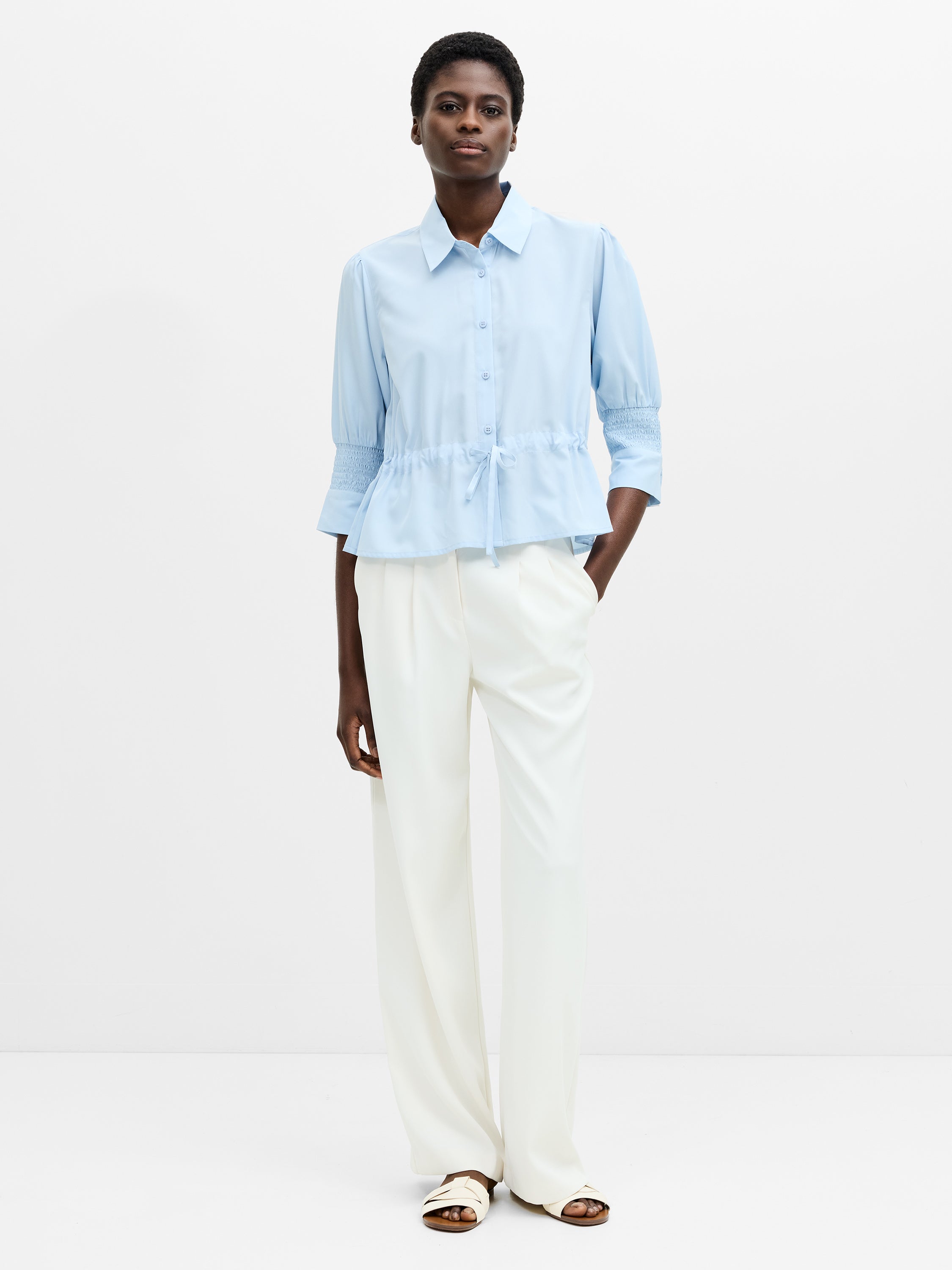 Crepe Light Collared Tie Waist Top