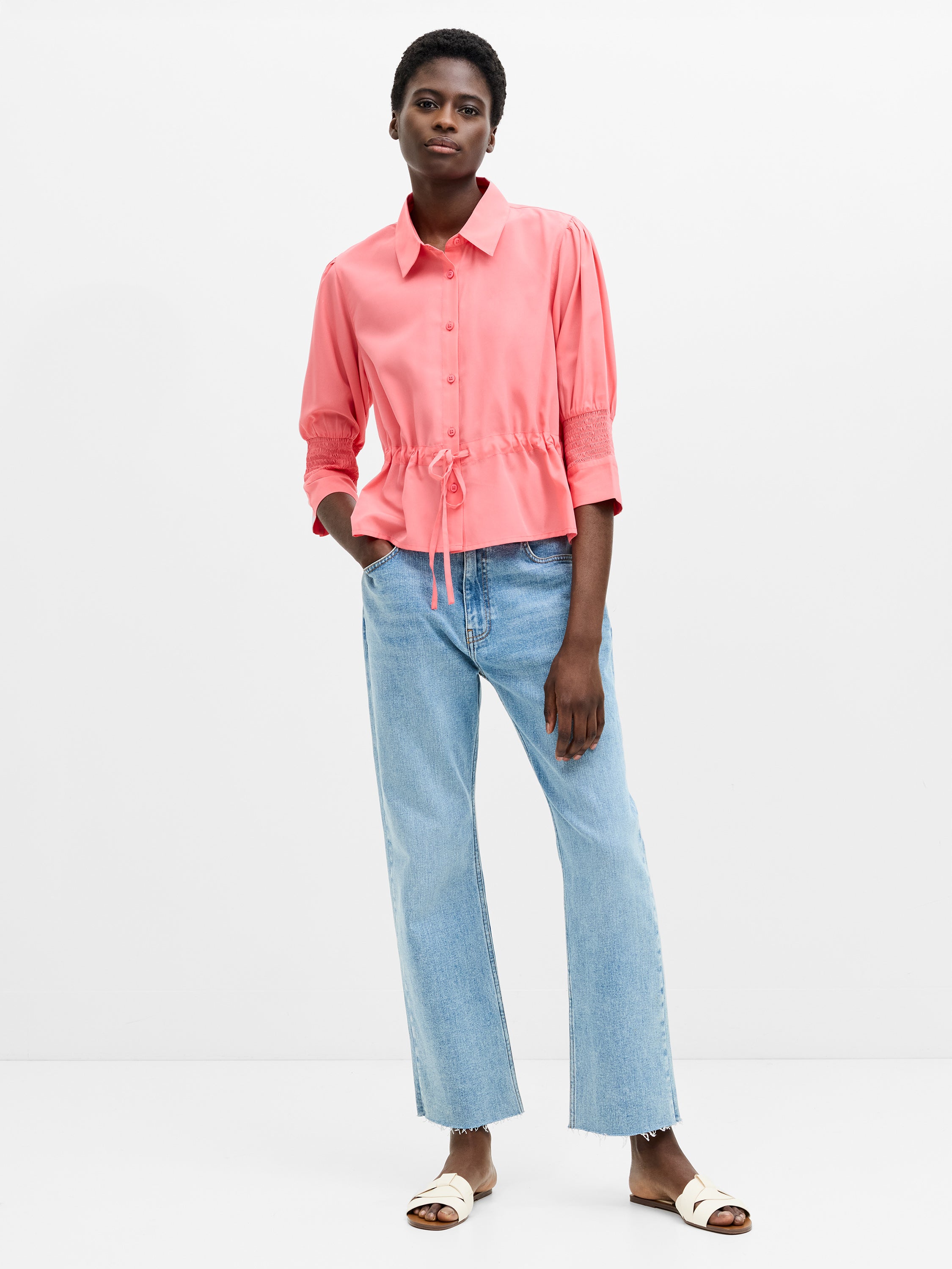 Crepe Light Collared Tie Waist Top