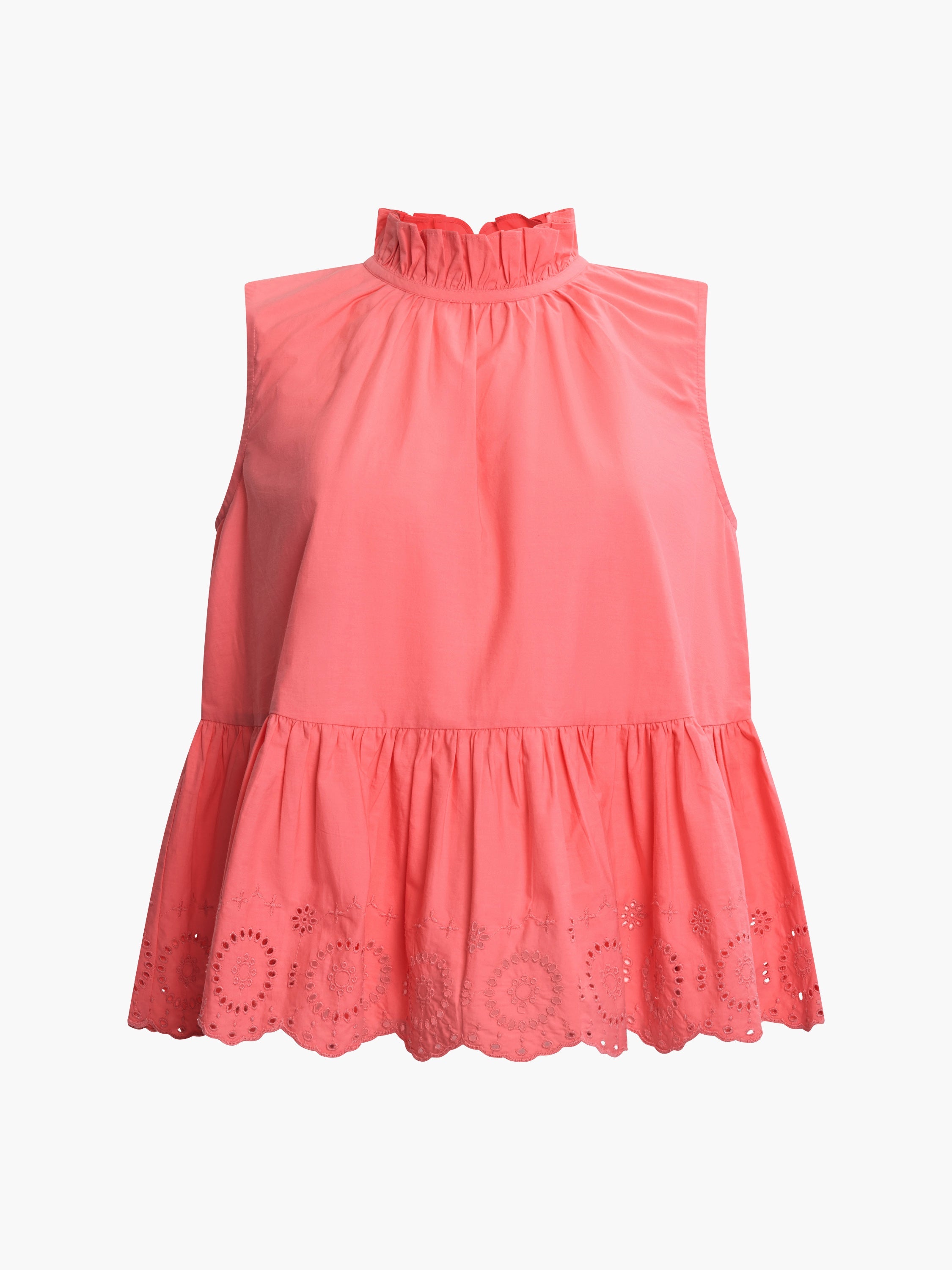 High Neck Broderie Hem Peplum Top
