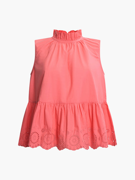 High Neck Broderie Hem Peplum Top