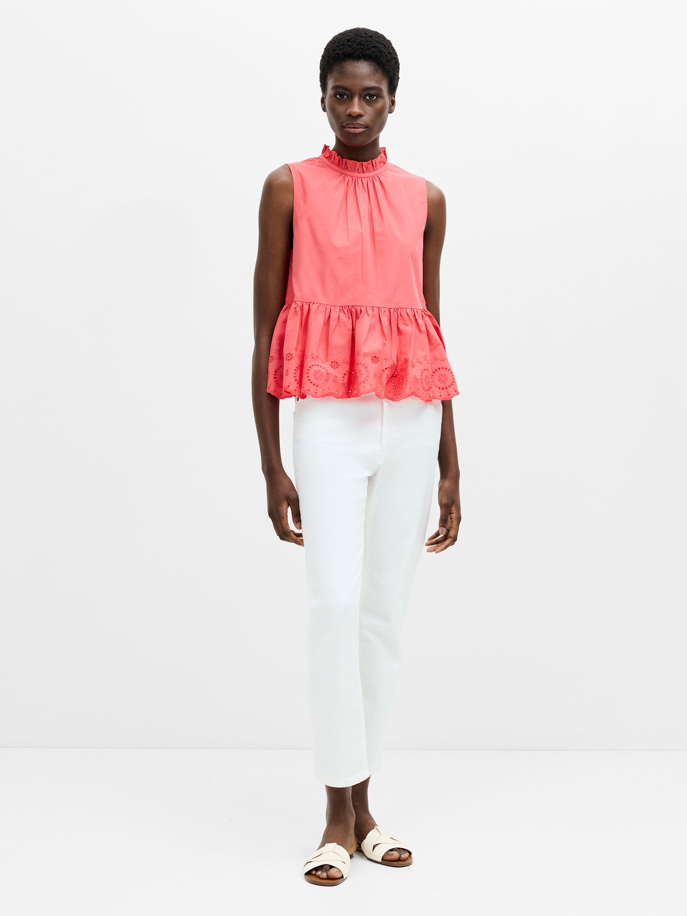 High Neck Broderie Hem Peplum Top