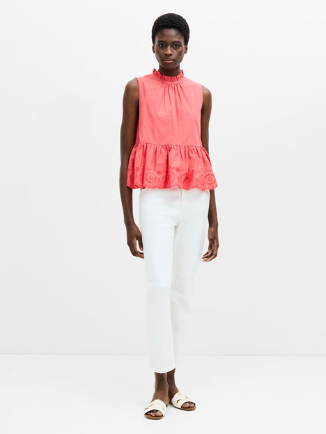 High Neck Broderie Hem Peplum Top