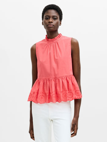 High Neck Broderie Hem Peplum Top