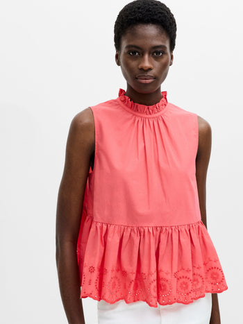 High Neck Broderie Hem Peplum Top