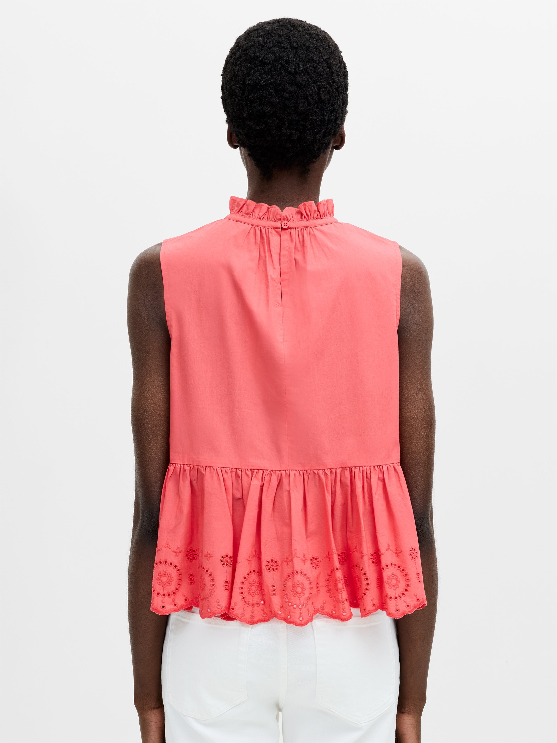 High Neck Broderie Hem Peplum Top