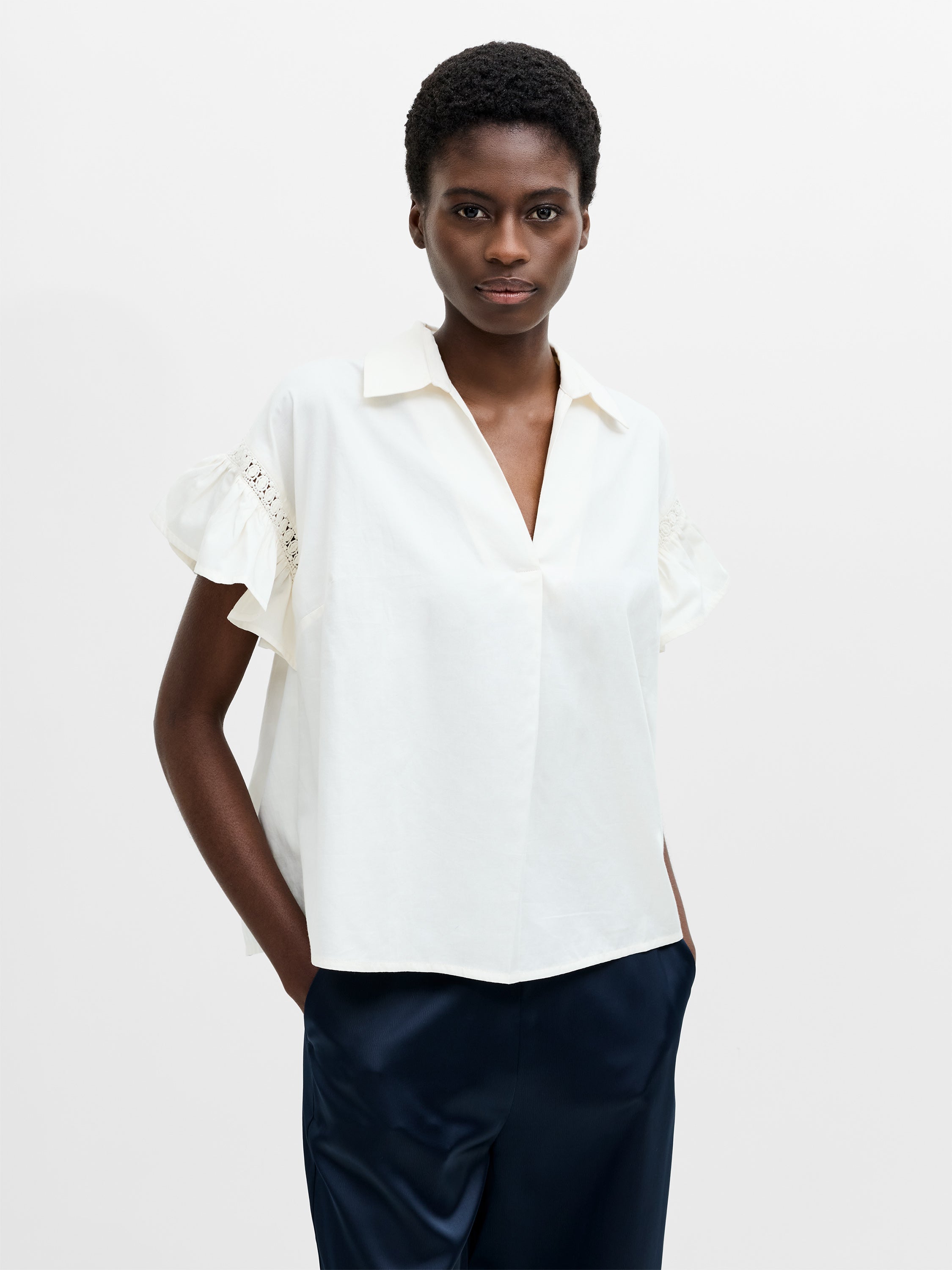 Trim Detail Flutter Sleeve Popover Shirt