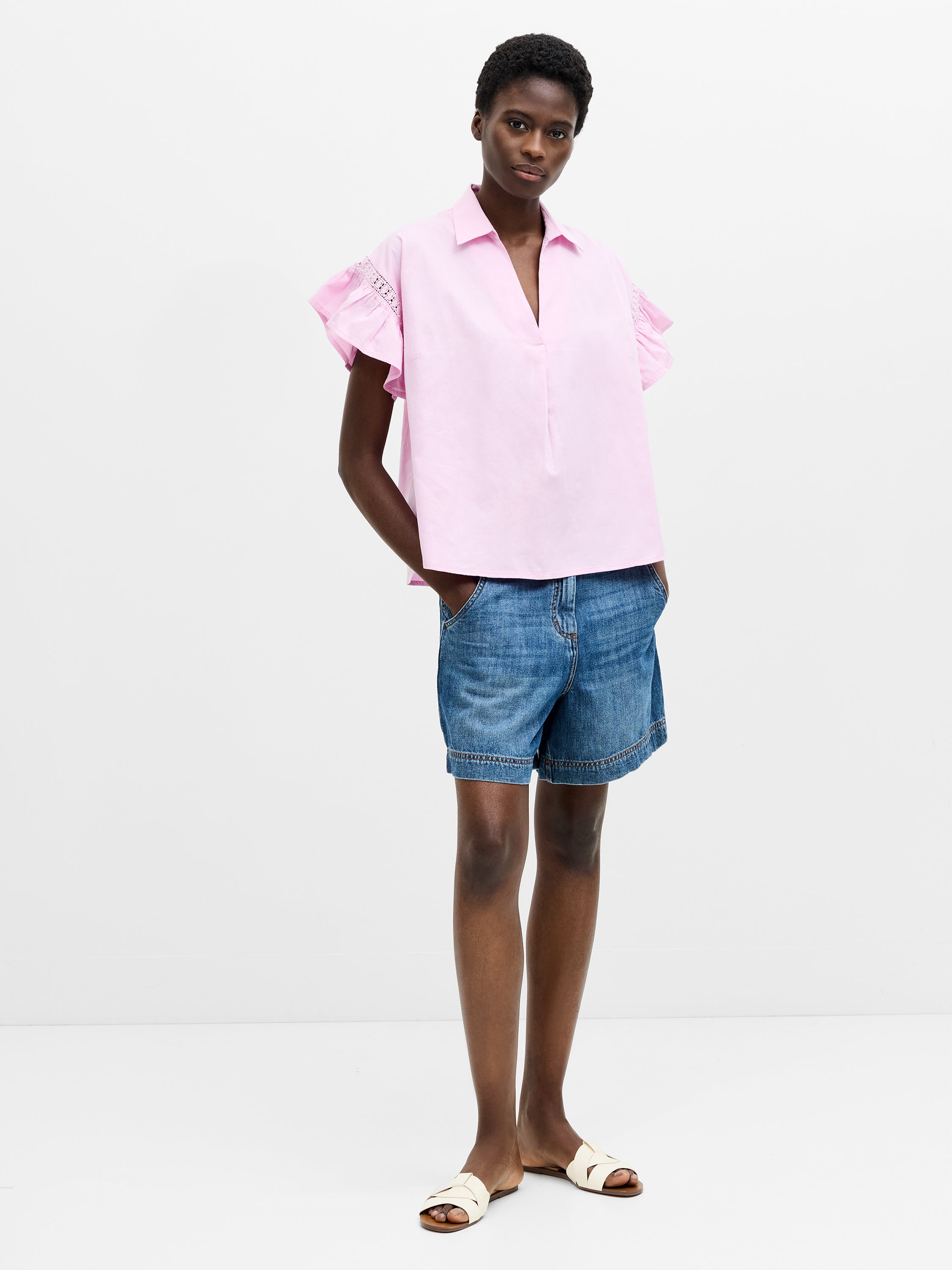 Trim Detail Flutter Sleeve Popover Shirt