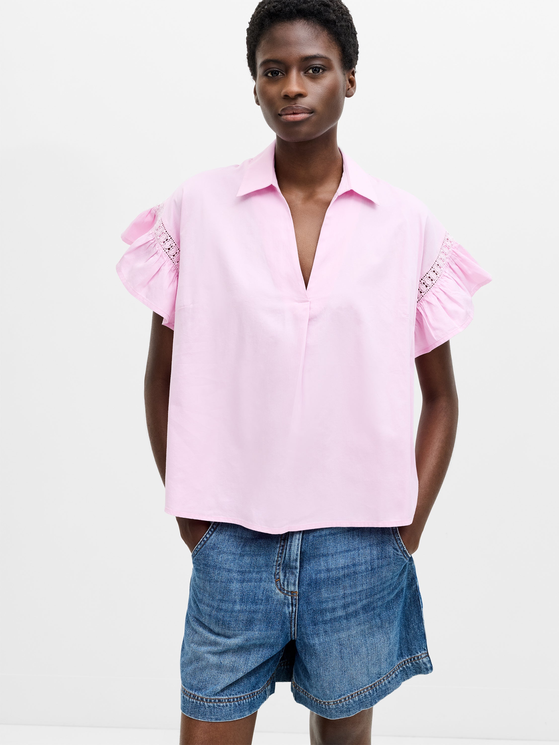 Trim Detail Flutter Sleeve Popover Shirt