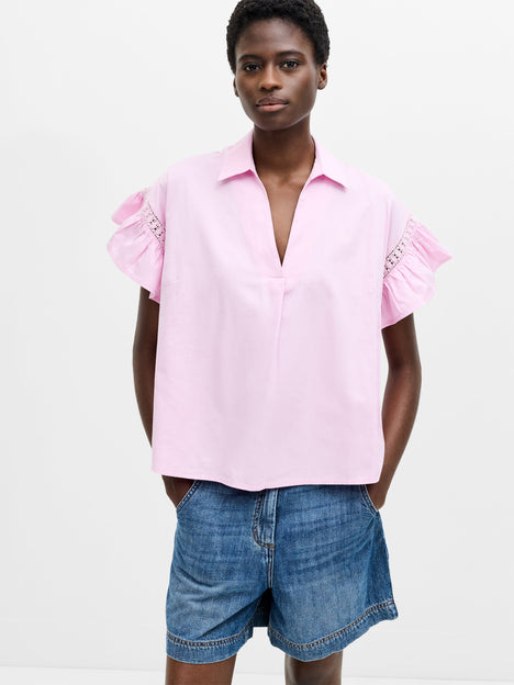 Trim Detail Flutter Sleeve Popover Shirt
