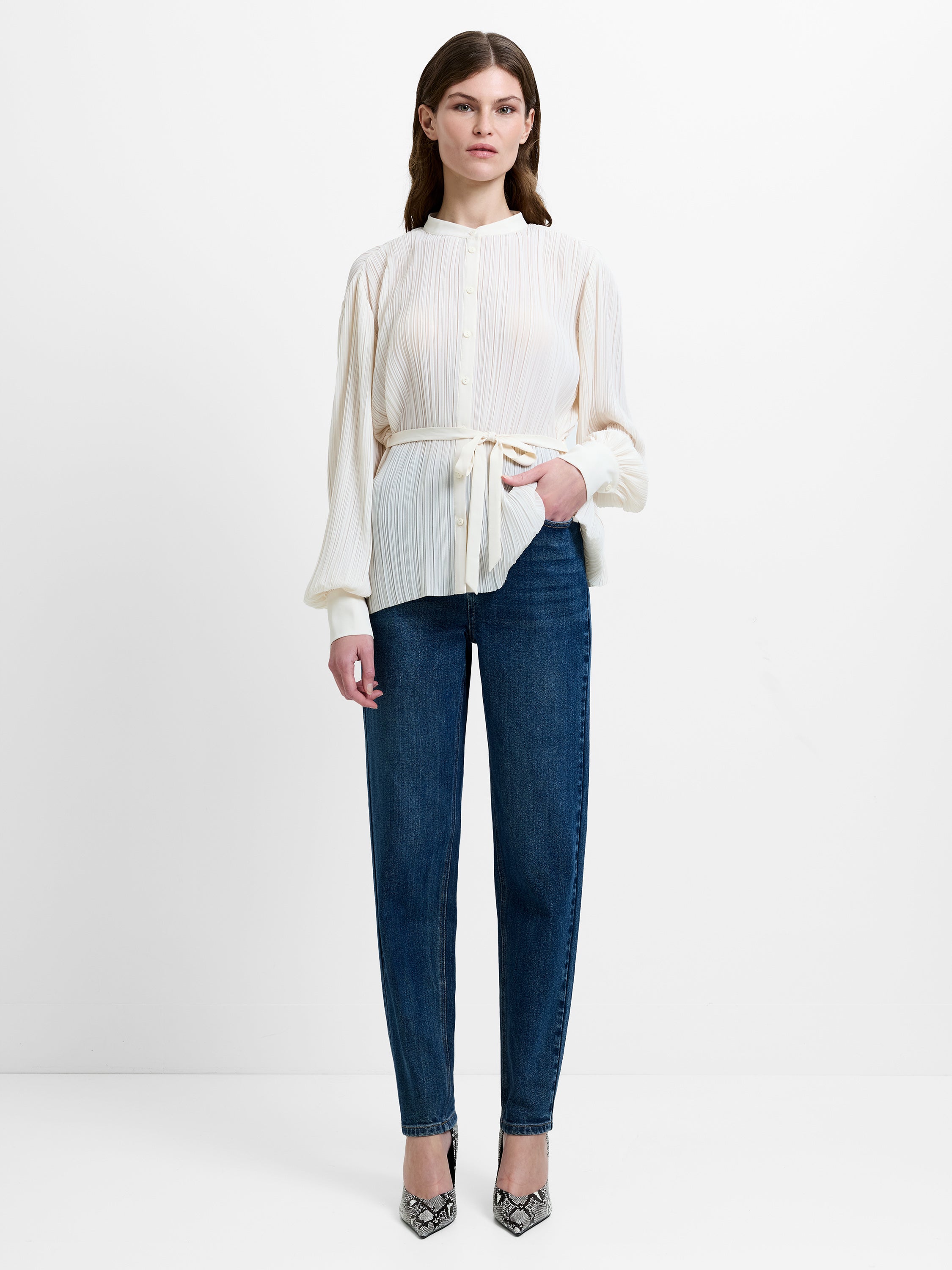 Noelle Plisse Military Tie Up Blouse