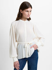 Noelle Plisse Military Tie Up Cream Blouse