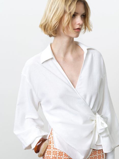 Ariette Linen Blend White Wrap Over Shirt