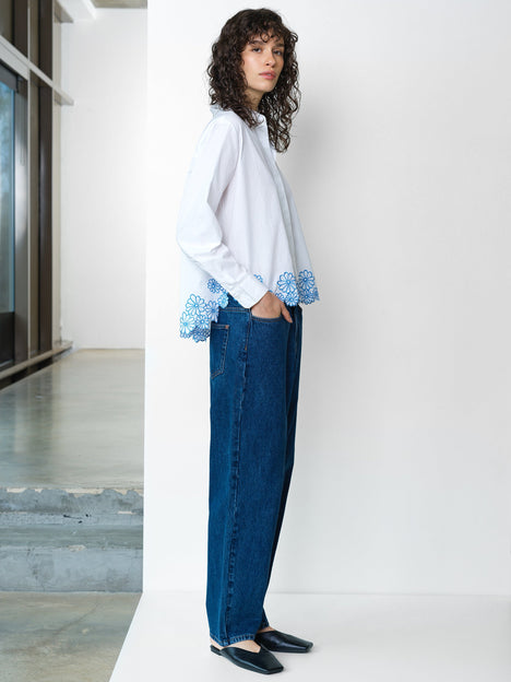 Cambria Cotton Floral Embroidered Hem White Shirt