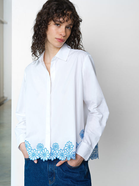 Cambria Cotton Floral Embroidered Hem White Shirt