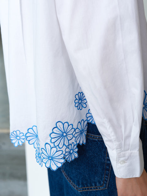 Cambria Cotton Floral Embroidered Hem White Shirt