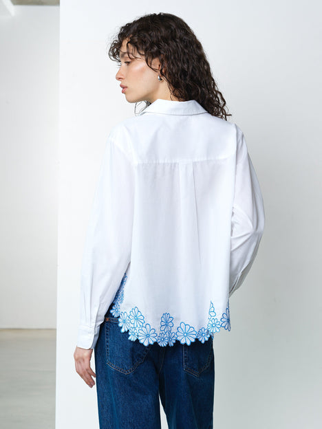 Cambria Cotton Floral Embroidered Hem White Shirt