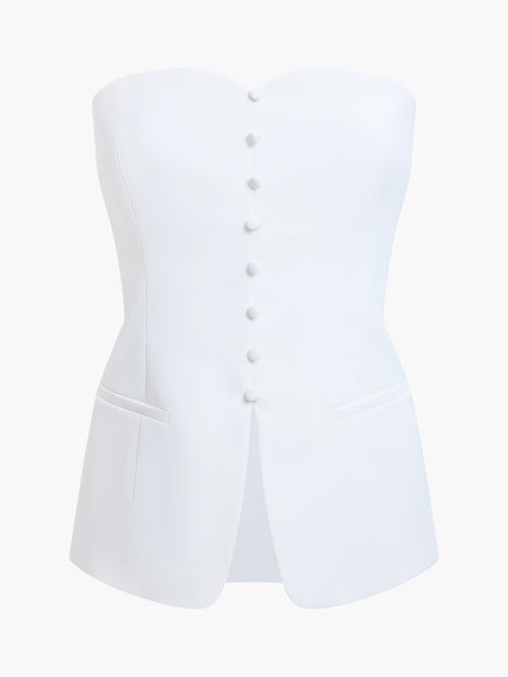 Harrie Tailored Faux Button White Strapless Top