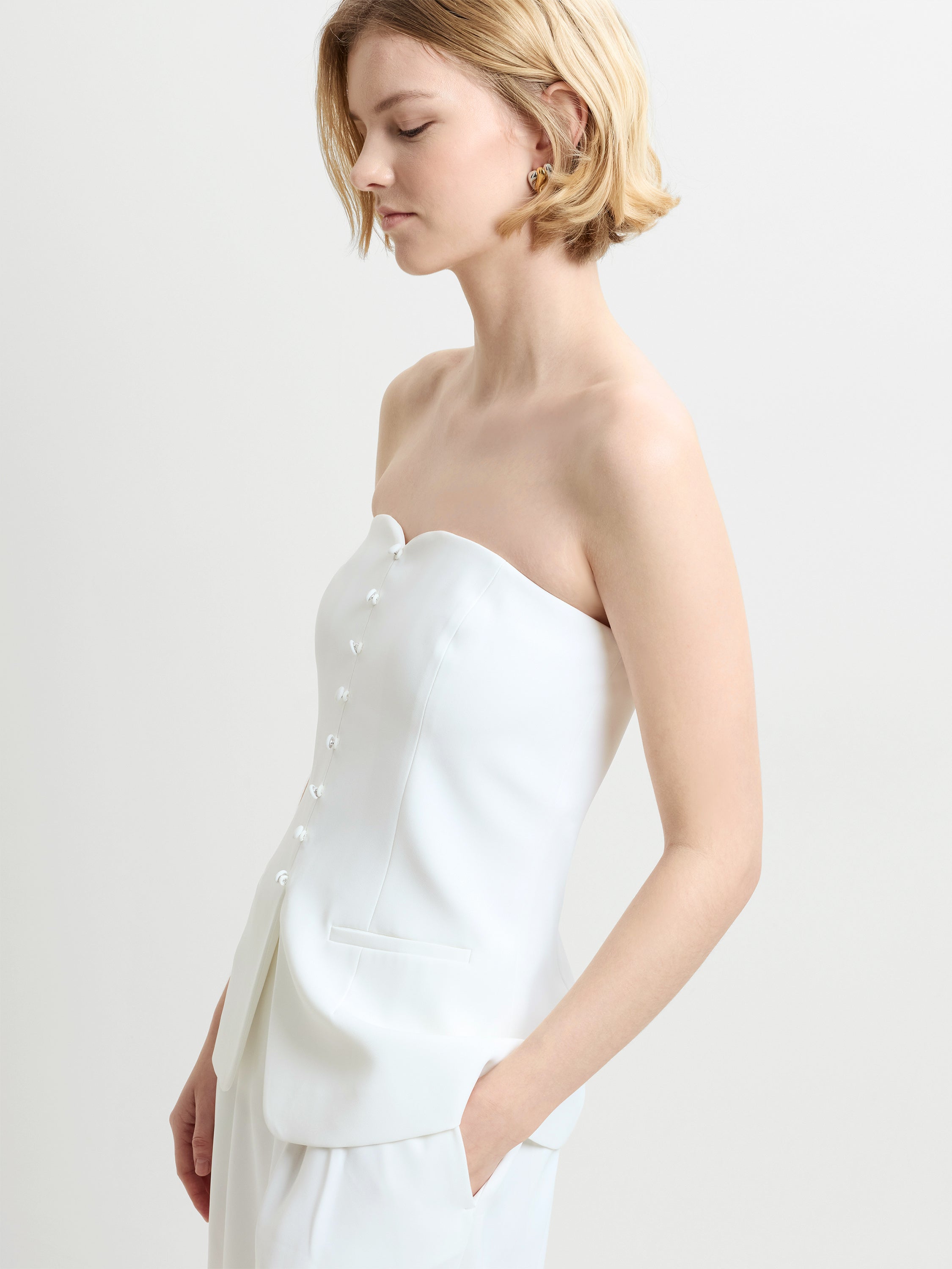 Harrie Tailored Faux Button White Strapless Top