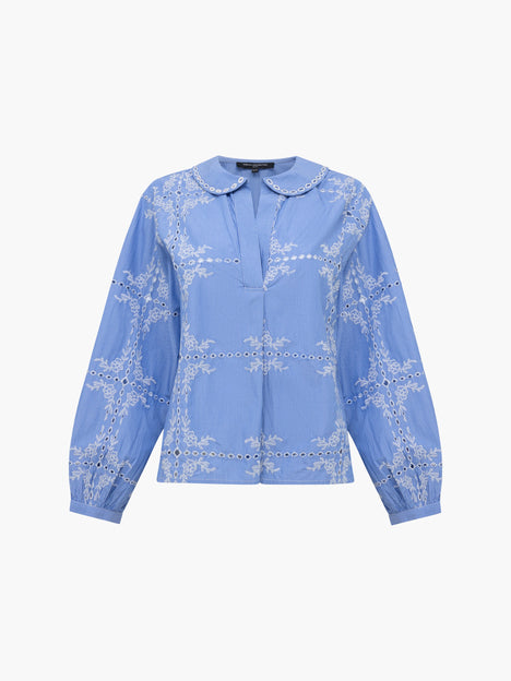 Peter Pan Collar Floral Embroidered Blue Top