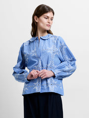 Peter Pan Collar Floral Embroidered Blue Top