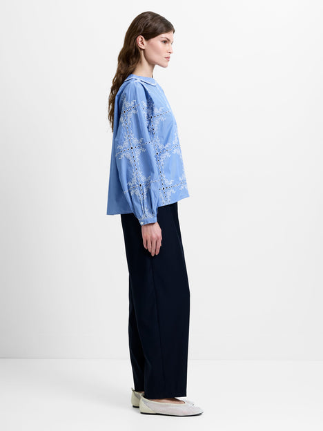Peter Pan Collar Floral Embroidered Blue Top