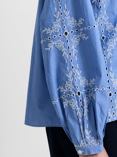 Peter Pan Collar Floral Embroidered Blue Top