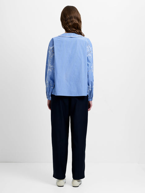 Peter Pan Collar Floral Embroidered Blue Top