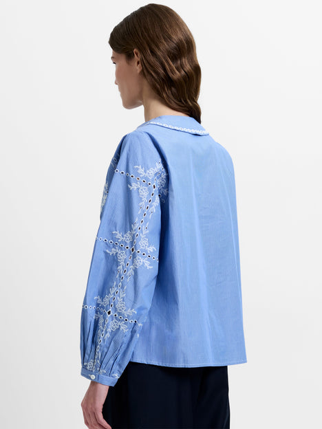 Peter Pan Collar Floral Embroidered Blue Top