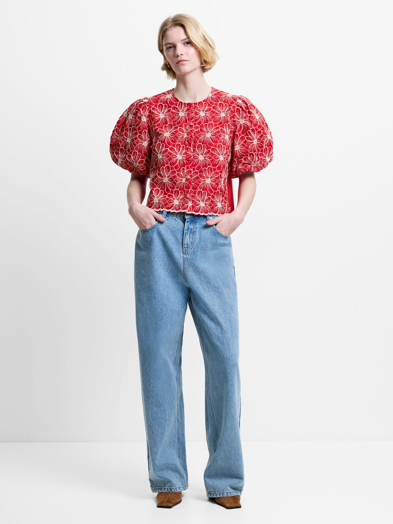 Rory Cotton Embroidered Puff Sleeve Top