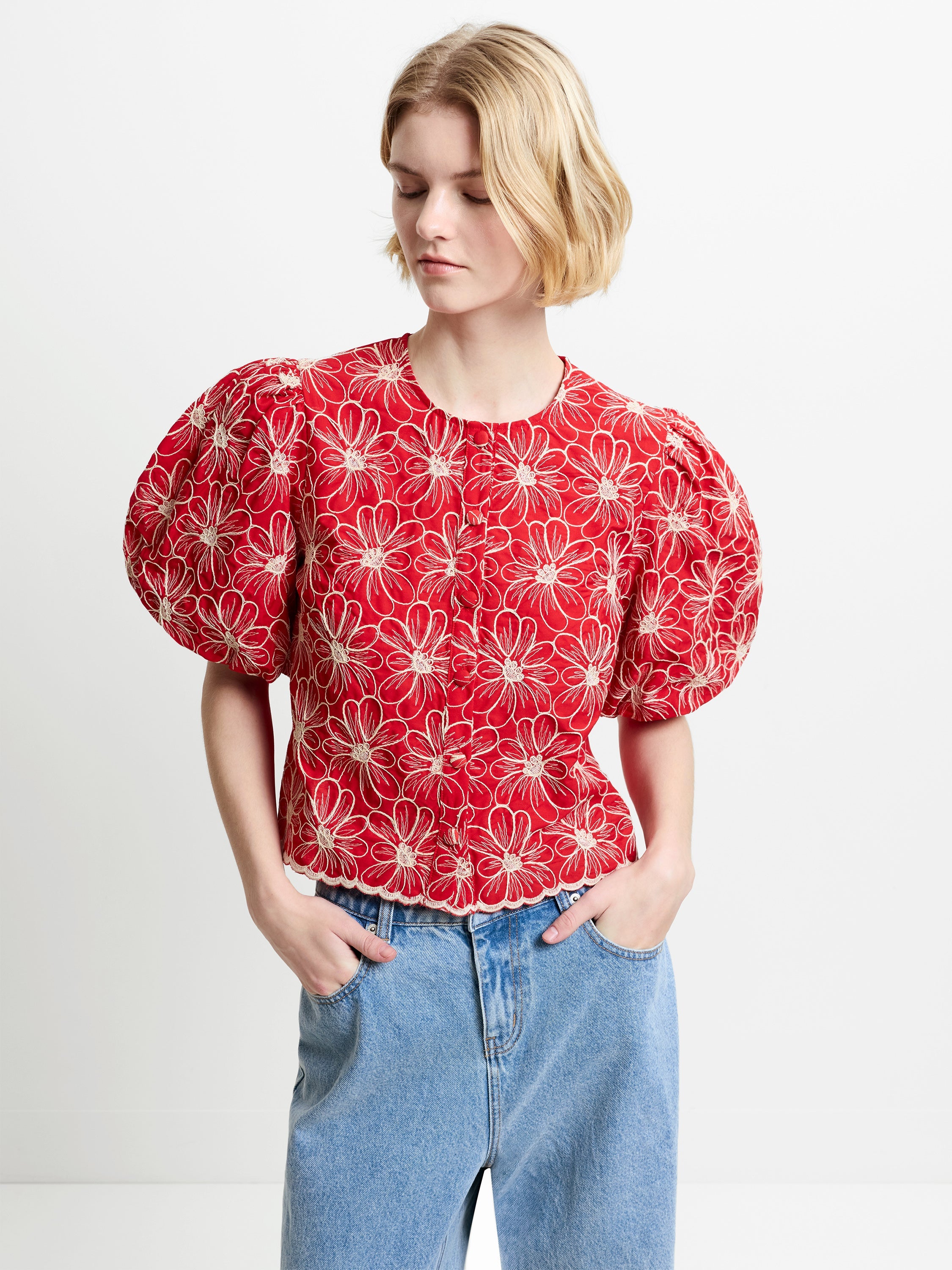 Rory Cotton Embroidered Puff Sleeve Top