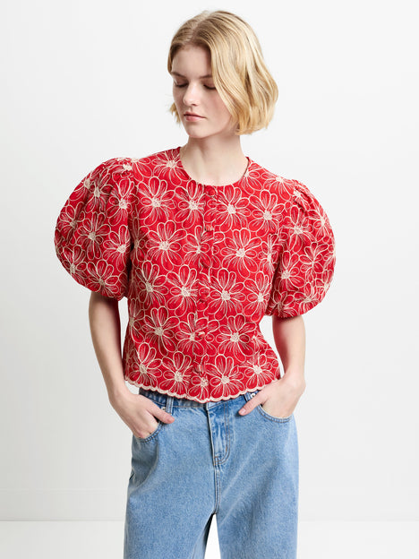 Rory Cotton Embroidered Puff Sleeve Top