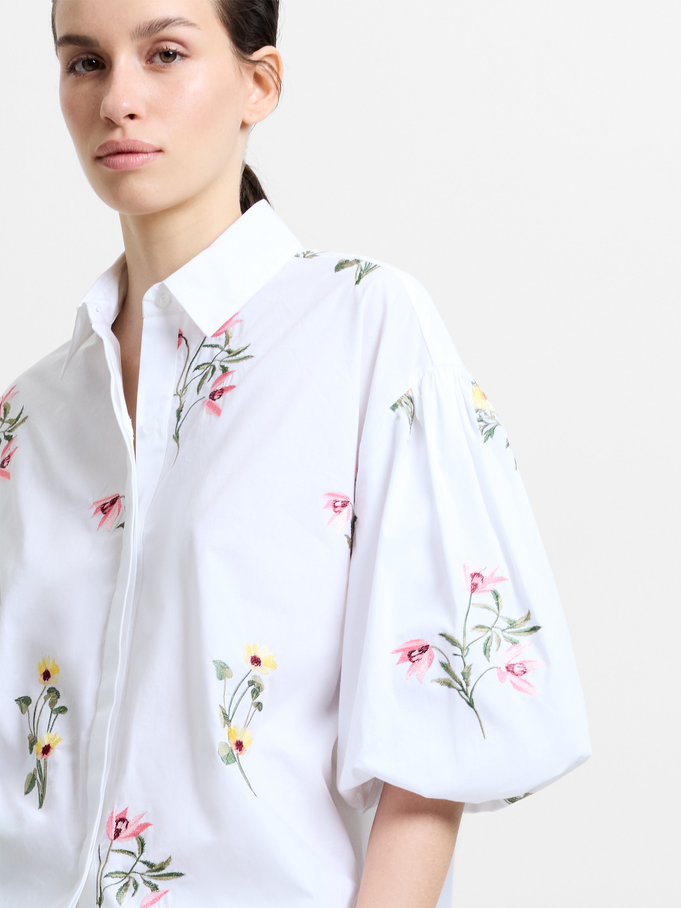 Cambria Cotton Floral Embroidered Puff Sleeve Shirt