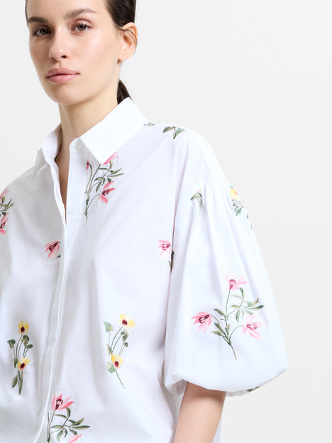 Cambria Cotton Floral Embroidered Puff Sleeve Shirt