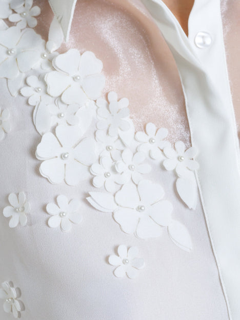 Mila 3D Floral Faux Pearl Long Sleeve White Shirt