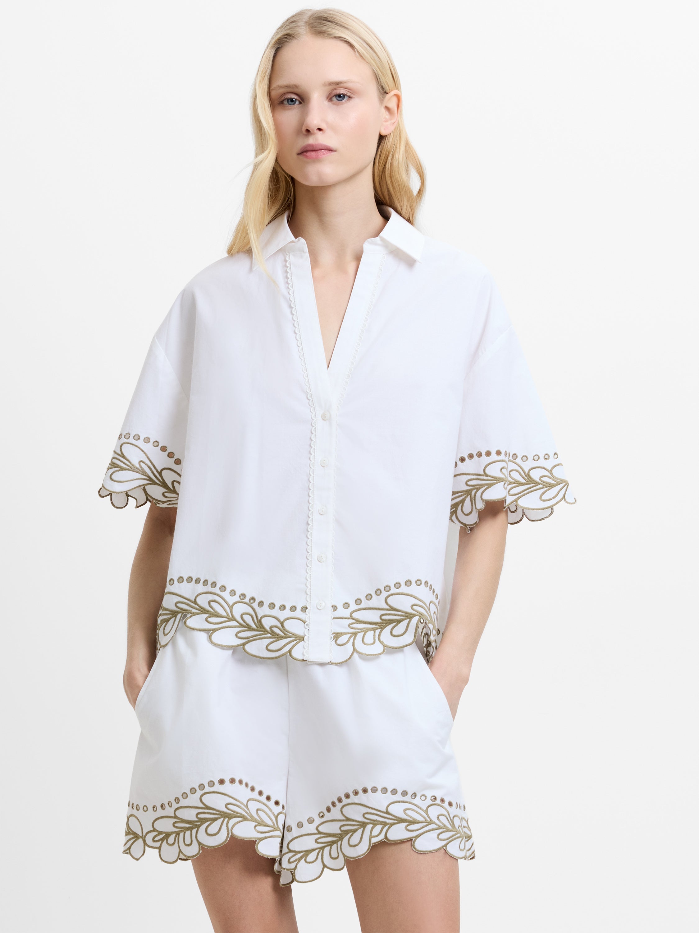 Alissa Cotton Embroidered Trim White Shirt
