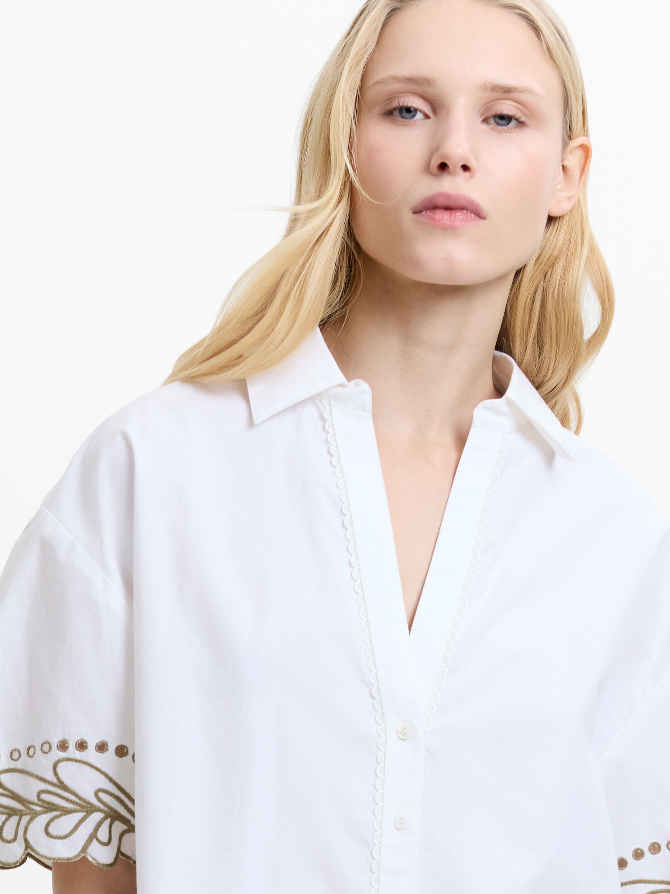 Alissa Cotton Embroidered Trim White Shirt