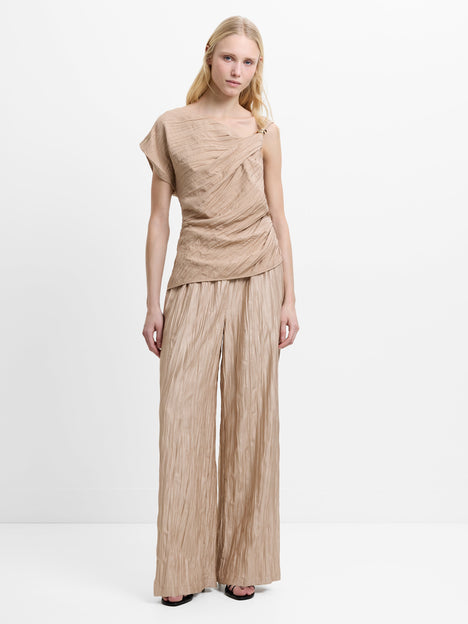 Novie Crinkle Asymmetric Taupe Top