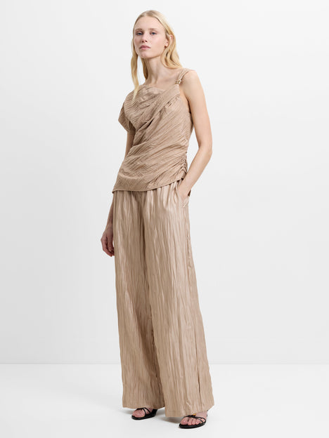 Novie Crinkle Asymmetric Taupe Top