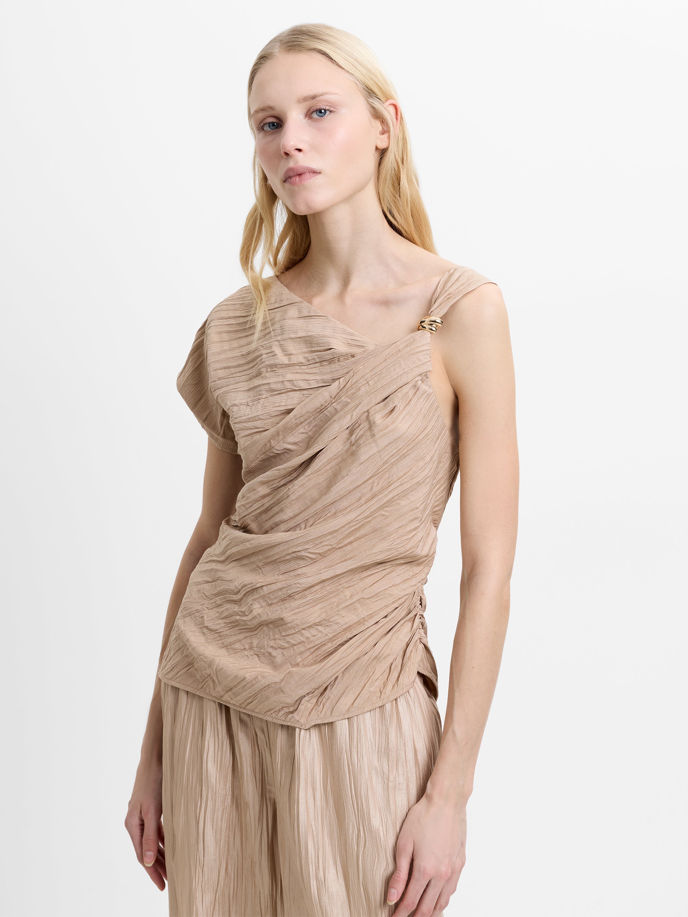Novie Crinkle Asymmetric Taupe Top