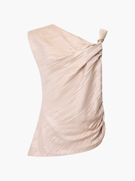 Novie Crinkle Asymmetric Taupe Top