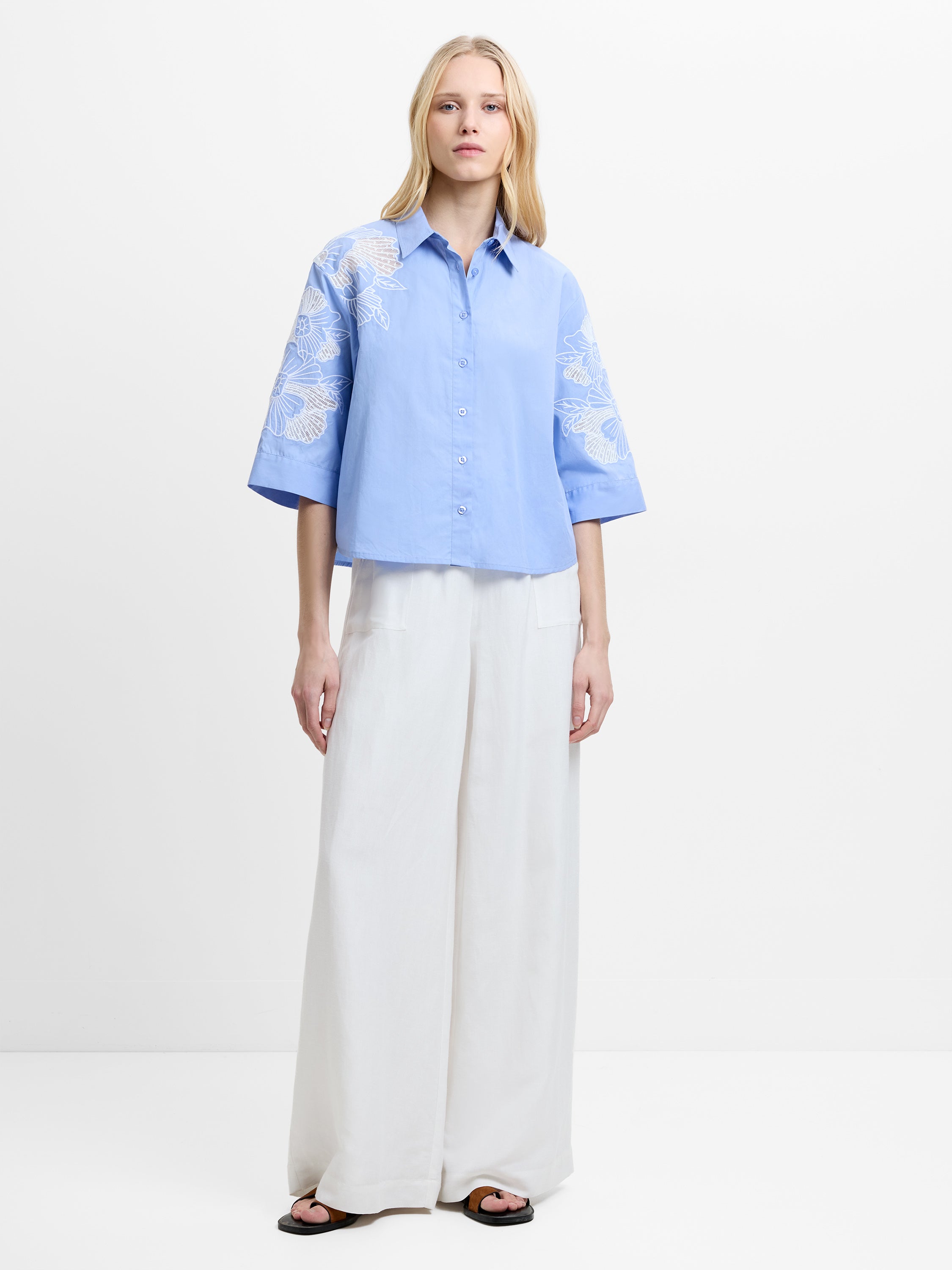 Cambria Cotton Floral Embroidered Blue Shirt