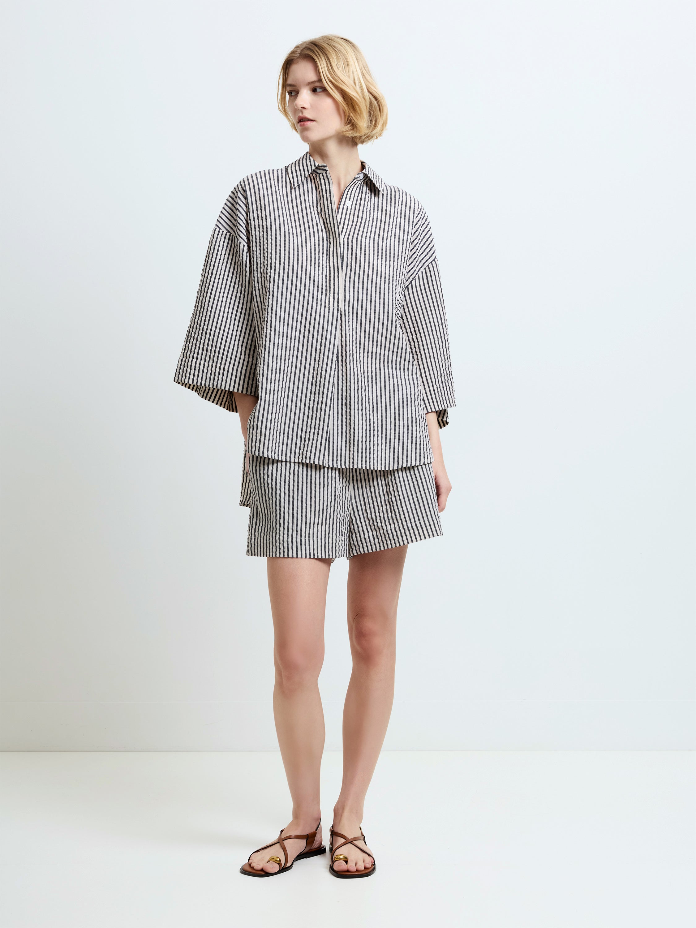 Lia Seersucker Monochrome Striped Relaxed Shirt