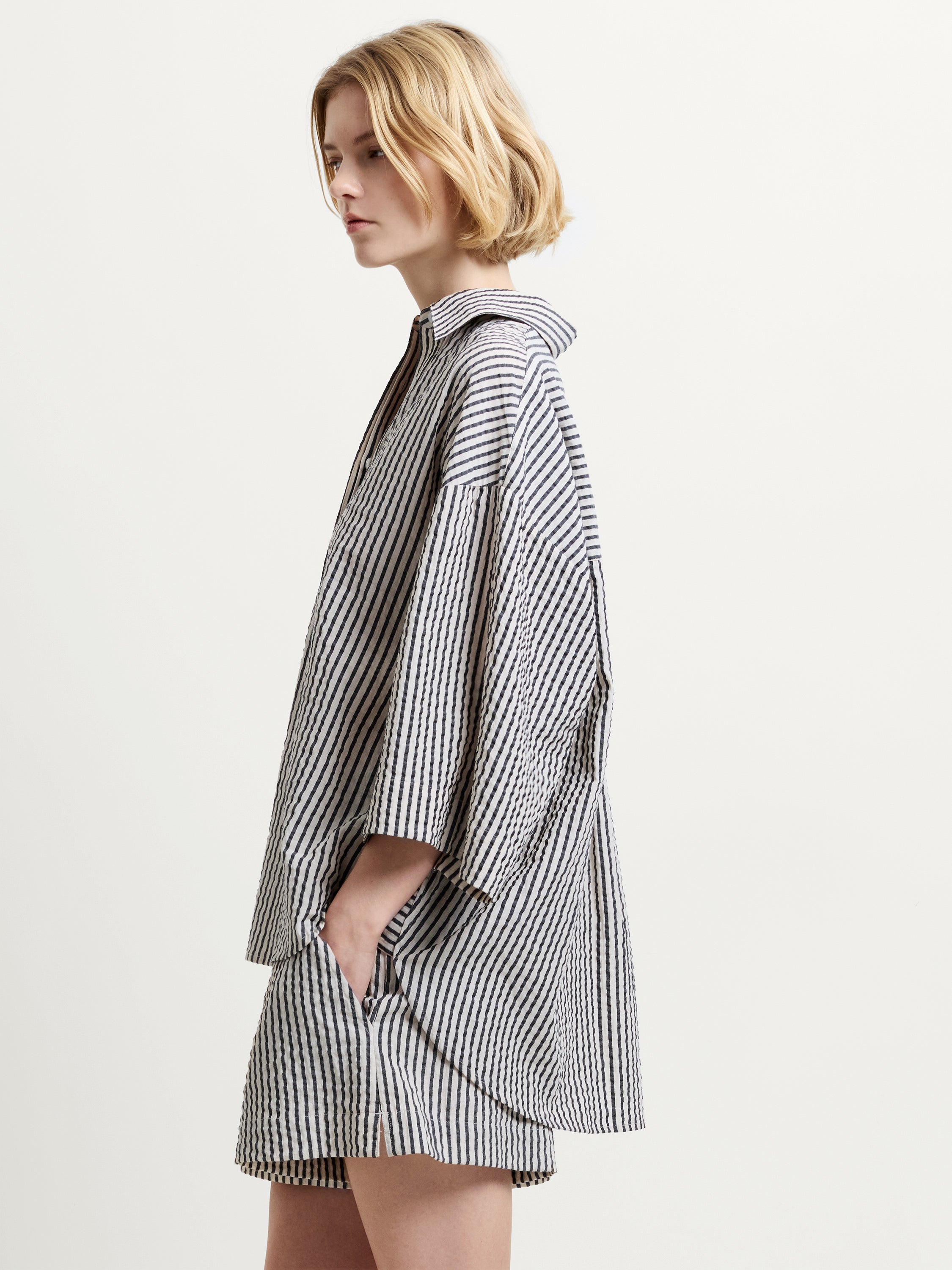 Lia Seersucker Monochrome Striped Relaxed Shirt