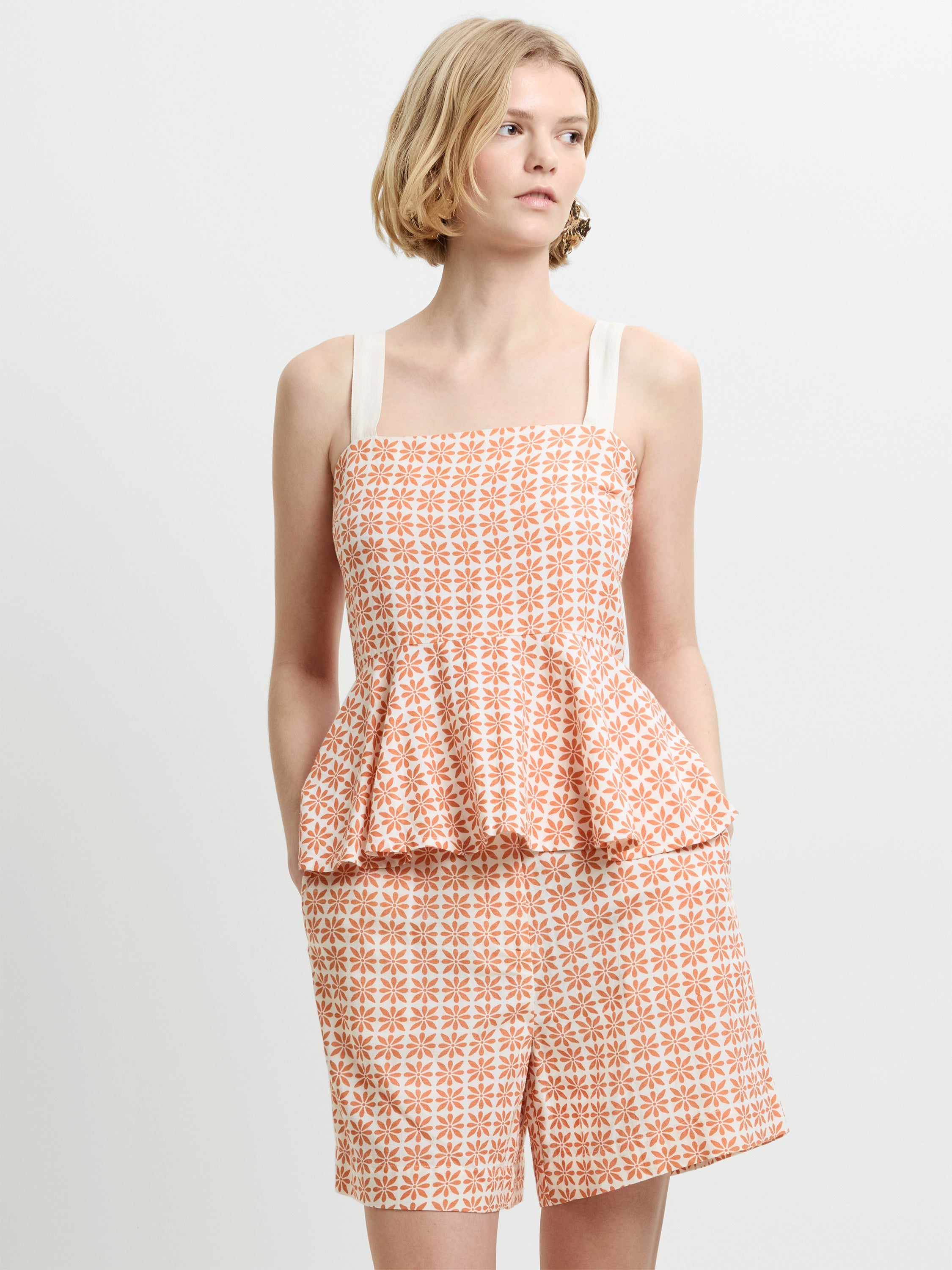 Mona Geo Floral Print Orange Peplum Top