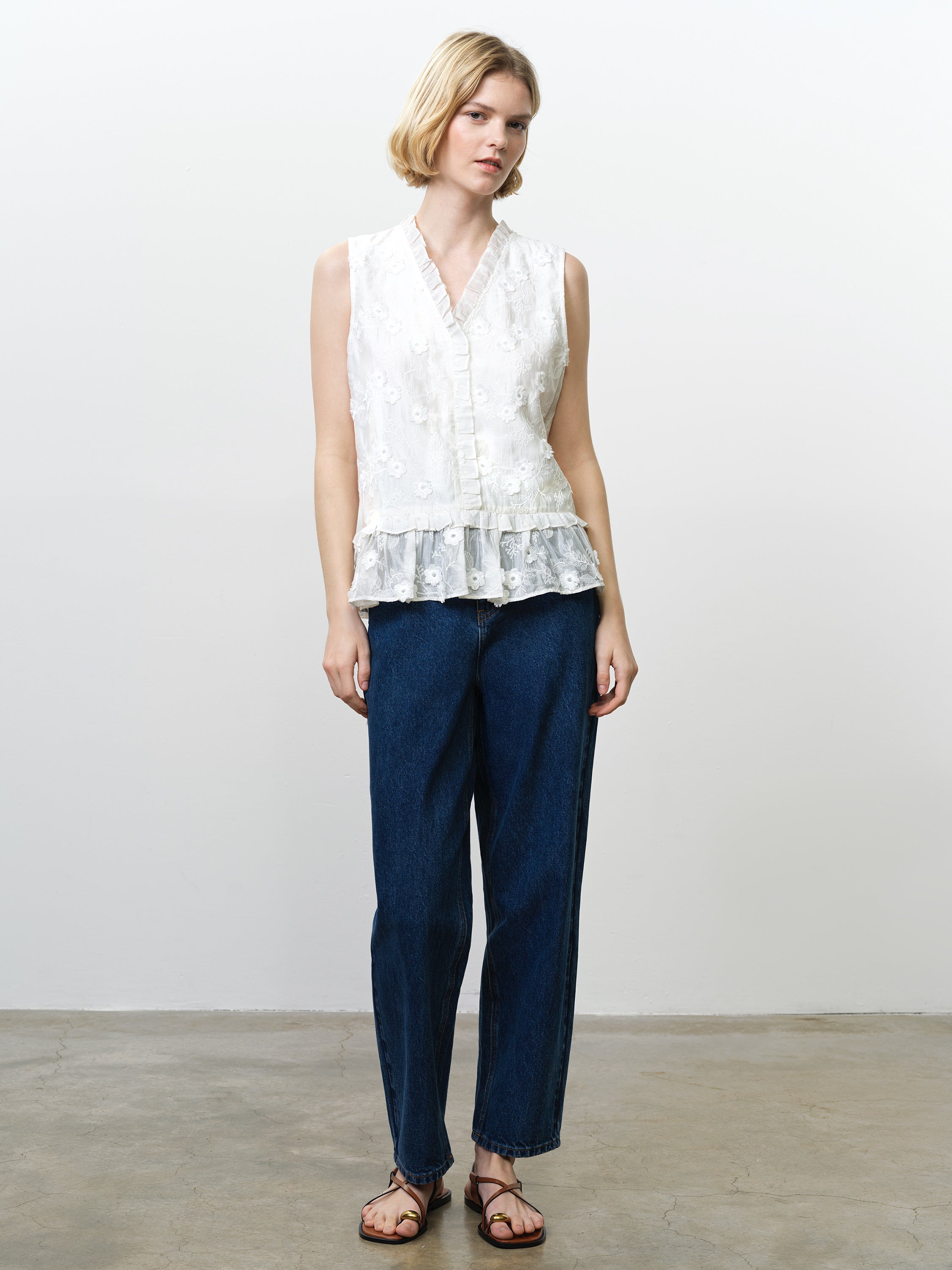 Vani Floral Embroidered Ruffle White Peplum Top