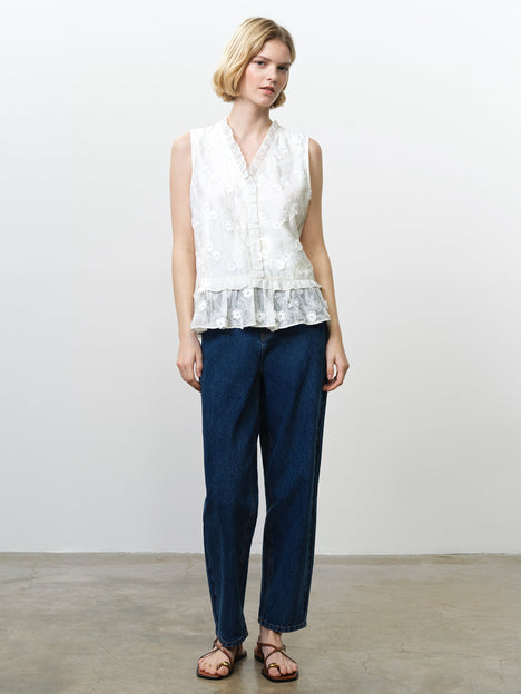Vani Floral Embroidered Ruffle White Peplum Top