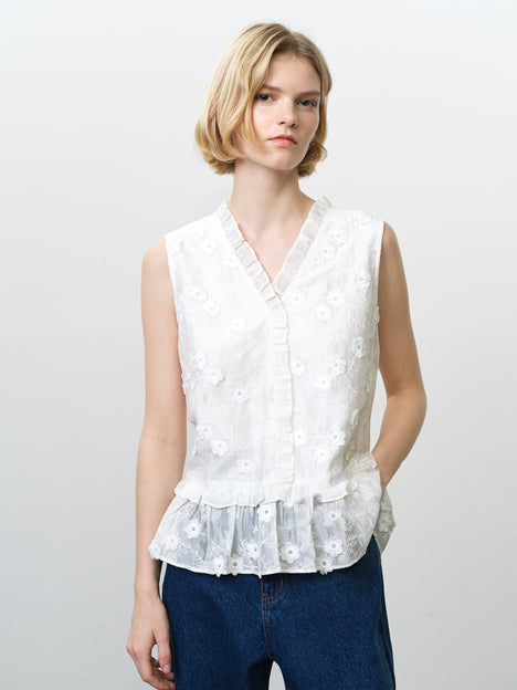 Vani Floral Embroidered Ruffle White Peplum Top