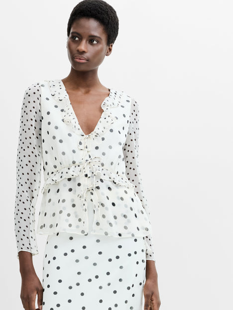 Emina Chiffon Monochrome Polka Dot Ruffle Top